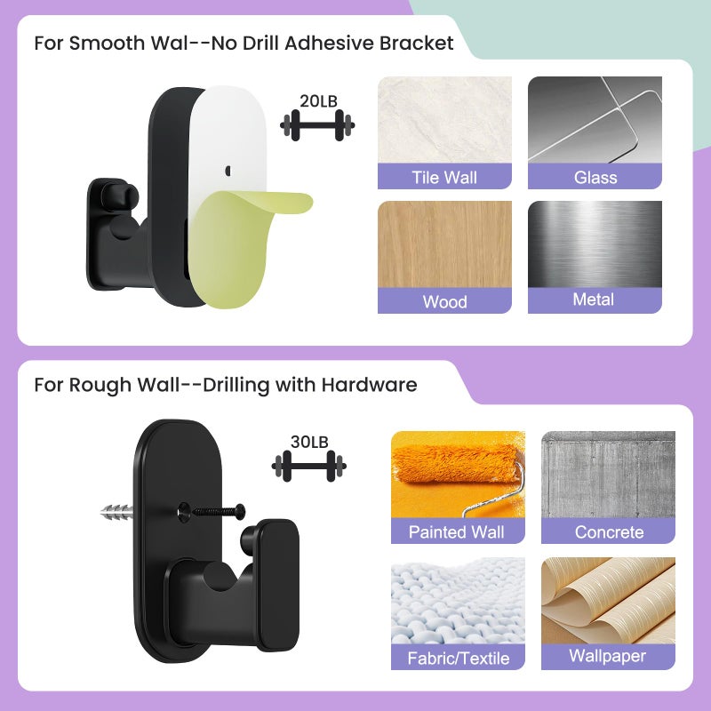 TKZTKZ No Drill Curtain Rod Brackets:Self Adhesive Curtain Rod Holders for Rod 5/8"" No Screw Curtain Rod Bracket No Drilling Heavy Duty No Damage Stick on Curtain Rod Hooks Hangers No Nail Black 2Pack - Image 2